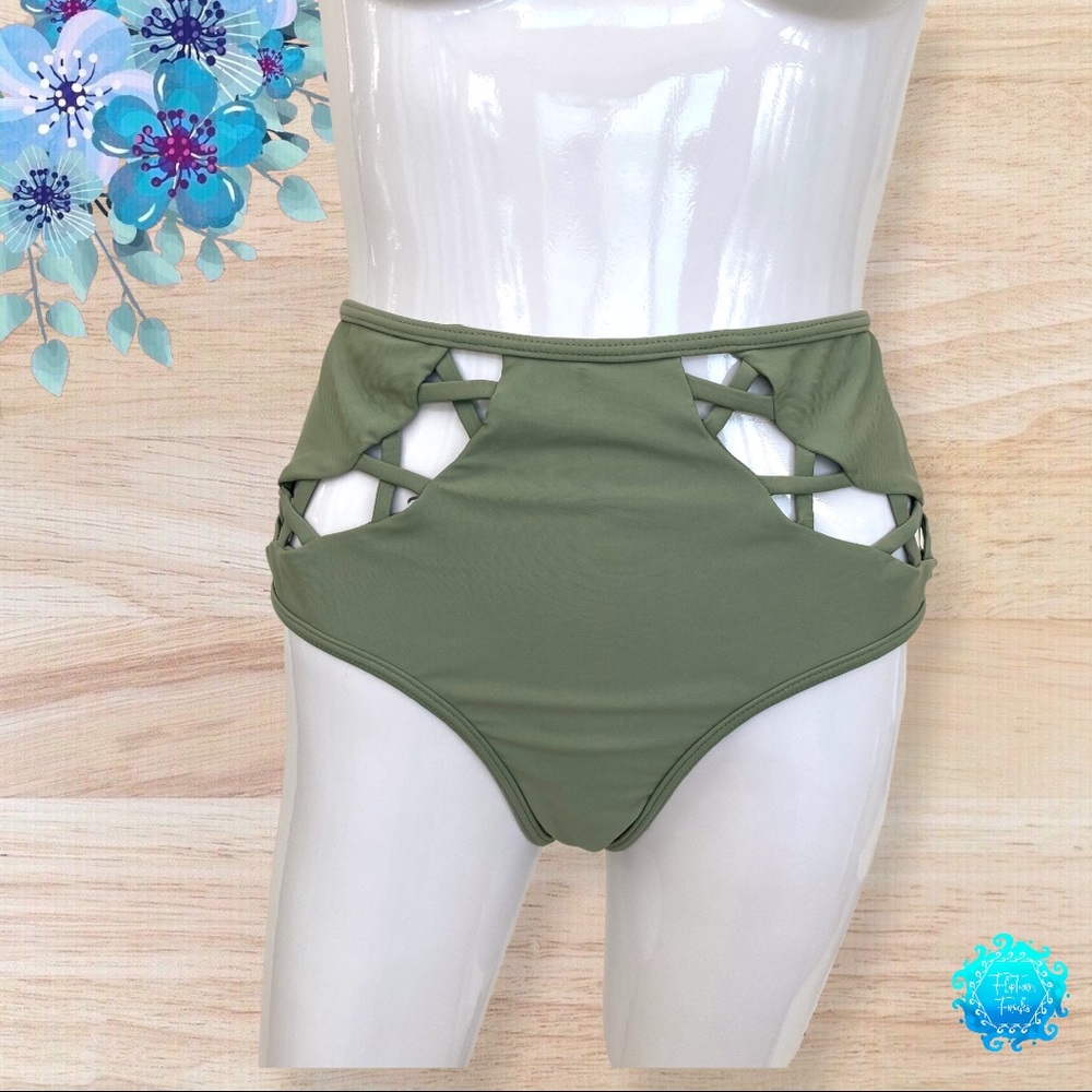 TiniBikini Green High Waist Bikini Bottom w Cutouts; XL